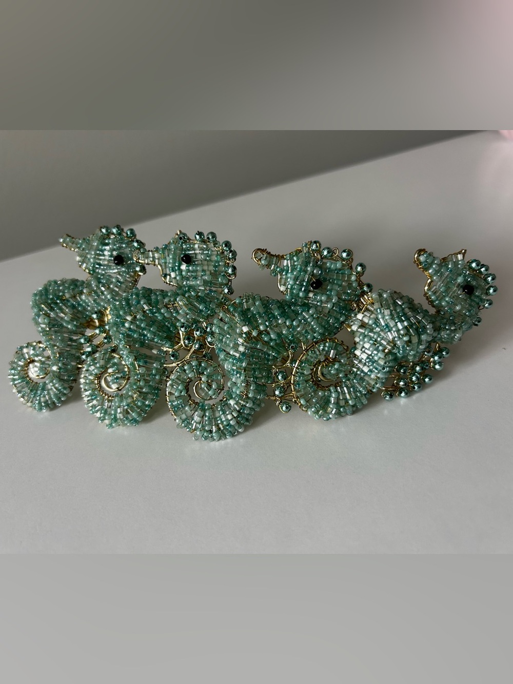Coastal Collection S/4 Napkin Rings Beaded Seahorse Ocean Beach White & Teal